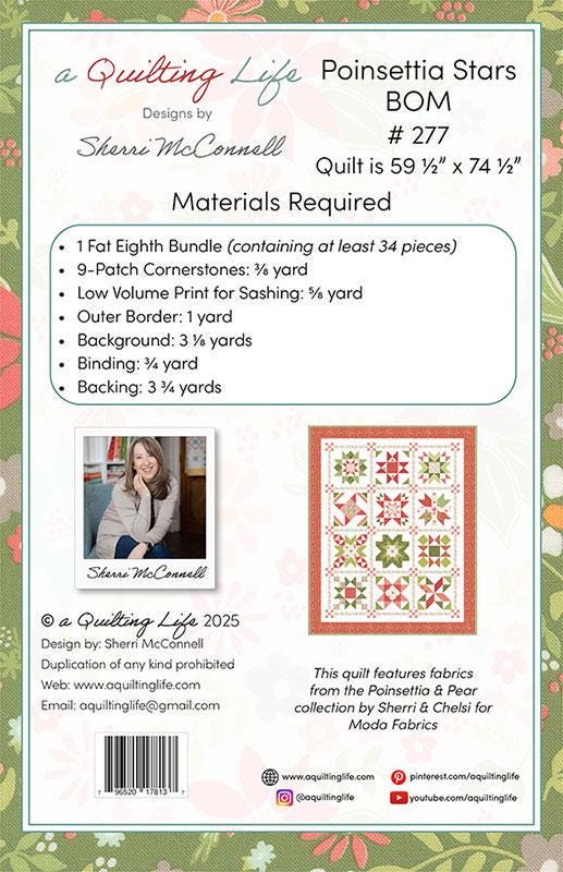 Poinsettia Stars BOM Quilt Pattern, A Quilting Life Designs QLD277, F8 Fat Eighths Friendly Christmas Throw Quilt Pattern, Sherri McConnell