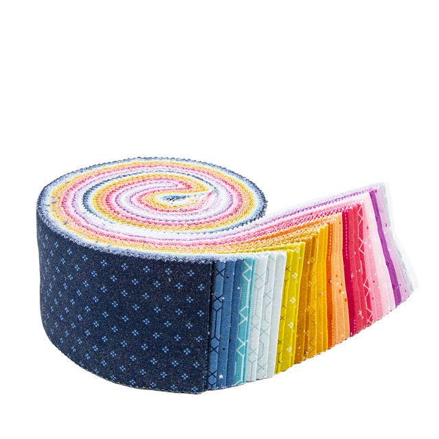 Essence 2.5" Rolie Polie, Riley Blake RP-16460-40, 2.5" Precut Rainbow Colors Low Volume Fabric Strips, Fran Gulick, Cotton and Joy