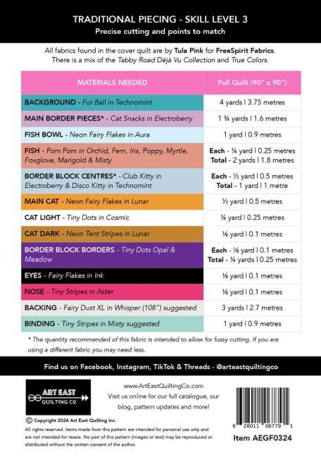 Gone Fishing Quilt Pattern, Art East Quilting Co AEGF0324, Cat in Fish Bowl Square Throw Bed Quilt Pattern, Cat Lover Quilt Pattern