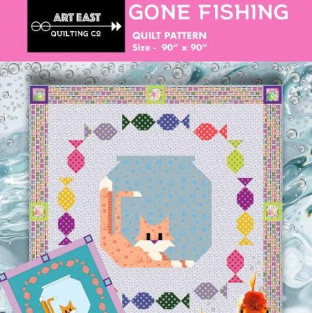 Gone Fishing Quilt Pattern, Art East Quilting Co AEGF0324, Cat in Fish Bowl Square Throw Bed Quilt Pattern, Cat Lover Quilt Pattern