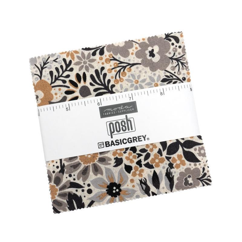 Posh 5" Charm Pack, Moda 30770PP, 5" Precut Black Gray Brown Tan Floral Fabric Squares, BasicGrey