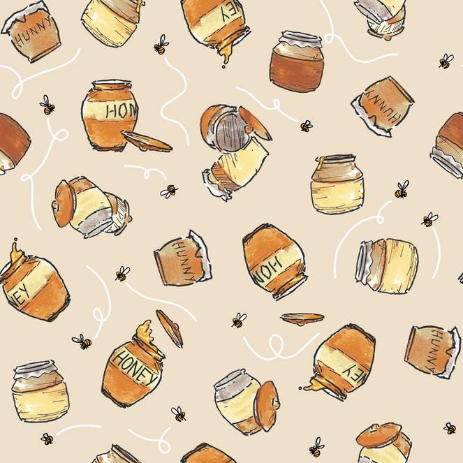 Classic Winnie - Honey Pots on Taupe Fabric, Studio E 8721S-34, Winnie the Pooh Honey Pots Fabric, By the Yard