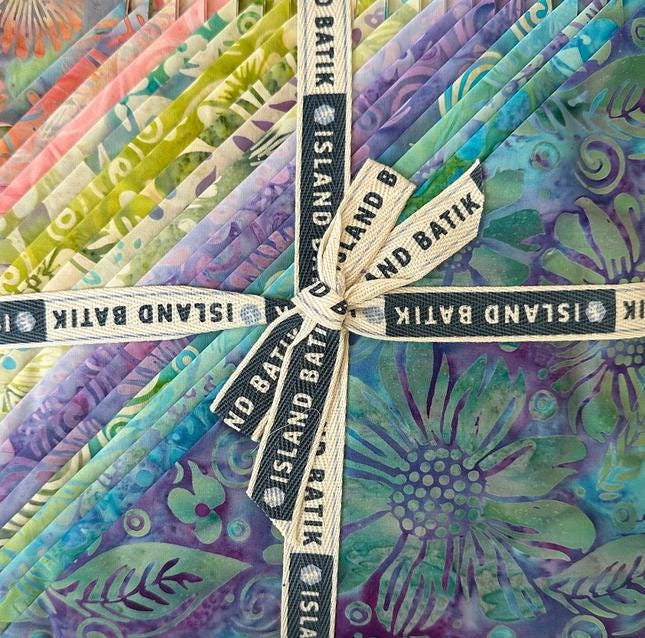 Garden Bloom Stack, Island Batik, 10" Precut Pink Blue Purple Green Turquoise Floral Batik Layer Cake Fabric Squares