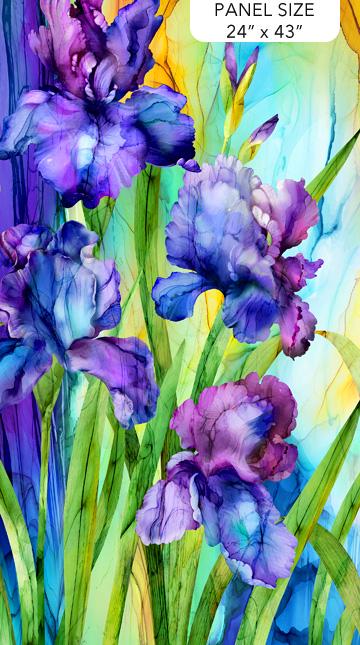 Infatuation- Watercolor Purple Iris Floral 24" Fabric Panel, Northcott DP28210-48, Purple Green Irises Watercolor Floral Cotton Fabric Panel