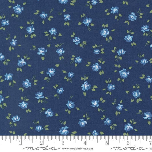 Blueprint - Light Blue Flowers on Navy Fabric, Moda 55661 16 Navy, Small Floral Navy Blender Fabric, Camille Roskelley, By the Yard
