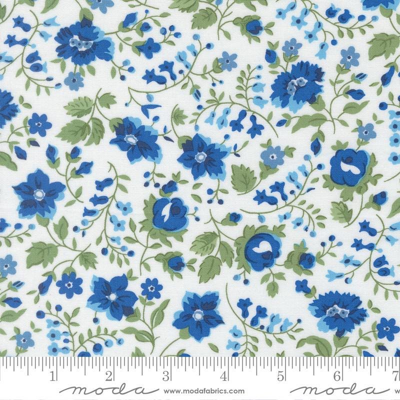 Blueprint - Blue Green Flowers on White Fabric, Moda 55338 11 White Multi, Blue White Green Floral Fabric, Camille Roskelley, By the Yard