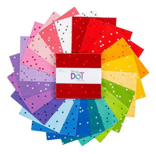 On the Dot 5" Stacker, Riley Blake 5-17030-42, 5" Precut Low Volume Polka Dots Rainbow Quilt Fabric Squares, Sew Yeah