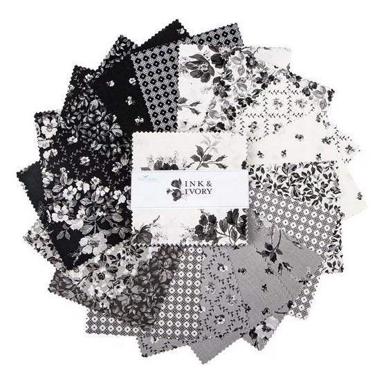 Ink and Ivory 5" Stacker, Riley Blake 5-16910-42, 5" Precut Black Cream Gray Floral Quilt Fabric Charm Squares