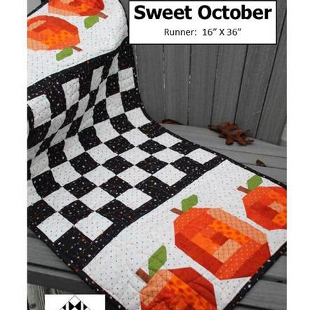 Sweet October Table Runner Quilt Pattern, Creek Side Stitches CSS382, Yardage Scrap Friendly Pumpkins Checkerboard Table Quilt Pattern