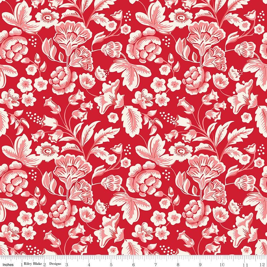 Letters to Cupid 10" Stacker, Riley Blake 10-16980-42, 10" Precut Pink Red Cream Valentines Day Floral Fabric Squares, My Mind's Eye