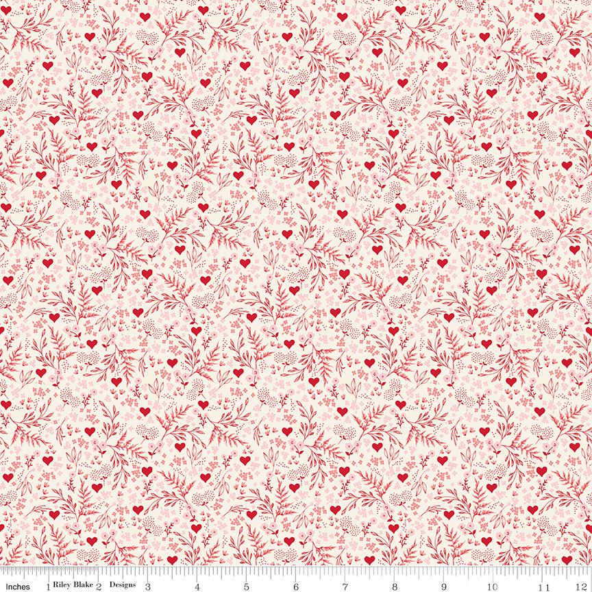 Letters to Cupid 5" Stacker, Riley Blake 5-16980-42, 5" Precut Pink Red Cream Valentines Day Floral Fabric Squares, My Mind's Eye