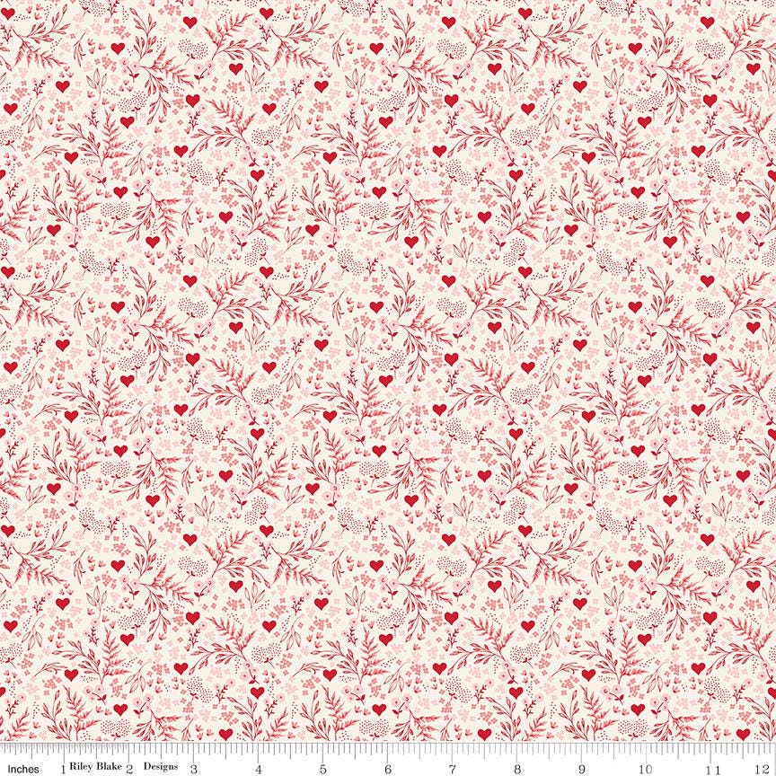 Letters to Cupid 10" Stacker, Riley Blake 10-16980-42, 10" Precut Pink Red Cream Valentines Day Floral Fabric Squares, My Mind's Eye