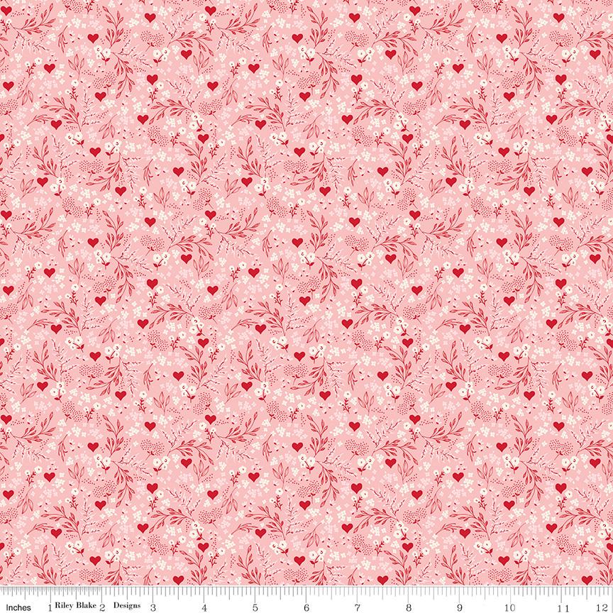 Letters to Cupid 5" Stacker, Riley Blake 5-16980-42, 5" Precut Pink Red Cream Valentines Day Floral Fabric Squares, My Mind's Eye