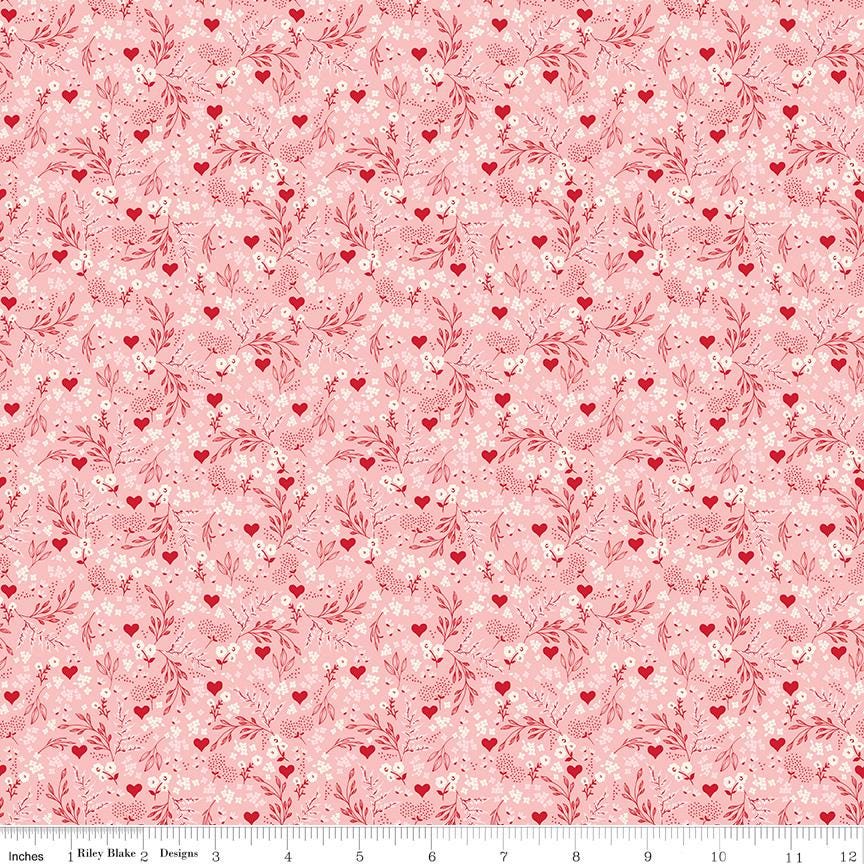 Letters to Cupid 10" Stacker, Riley Blake 10-16980-42, 10" Precut Pink Red Cream Valentines Day Floral Fabric Squares, My Mind's Eye