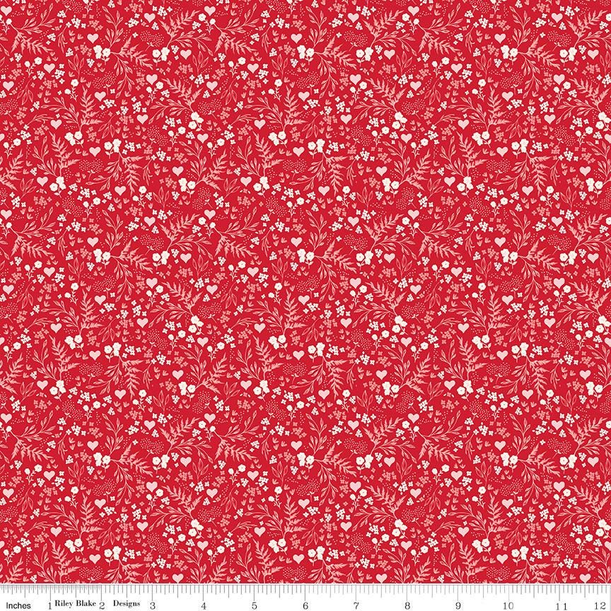 Letters to Cupid 5" Stacker, Riley Blake 5-16980-42, 5" Precut Pink Red Cream Valentines Day Floral Fabric Squares, My Mind's Eye