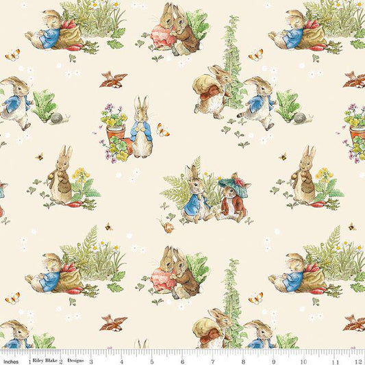 Peter Rabbit and Benjamin Bunny - Characters Main Cream Fabric, Riley Blake CD17250-Cream, Beatrix Potter Peter Rabbit Storybook Fabric