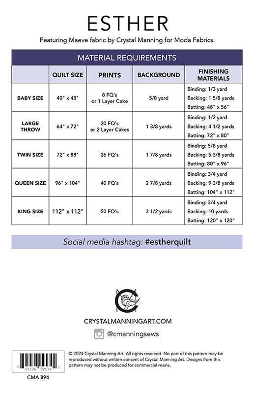 Esther Quilt Pattern, Crystal Manning CMA894, Layer Cake Fat Quarter FQ Friendly Modern Chain Baby Throw Bed Quilt Pattern