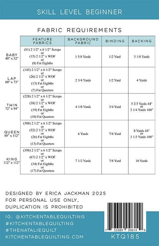 The Natalie Quilt Pattern, Kitchen Table Quilting KTQ185, Scraps Fat Quarter Eighths Friendly Modern Strip Quilt Pattern, Erica Jackman