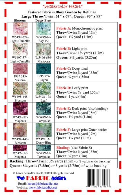 Watercolor Heart Quilt Pattern, The Fabric Addict FAWH24, Yardage Friendly Trip Around World Heart Throw Twin Queen Quilt Pattern, Bialik