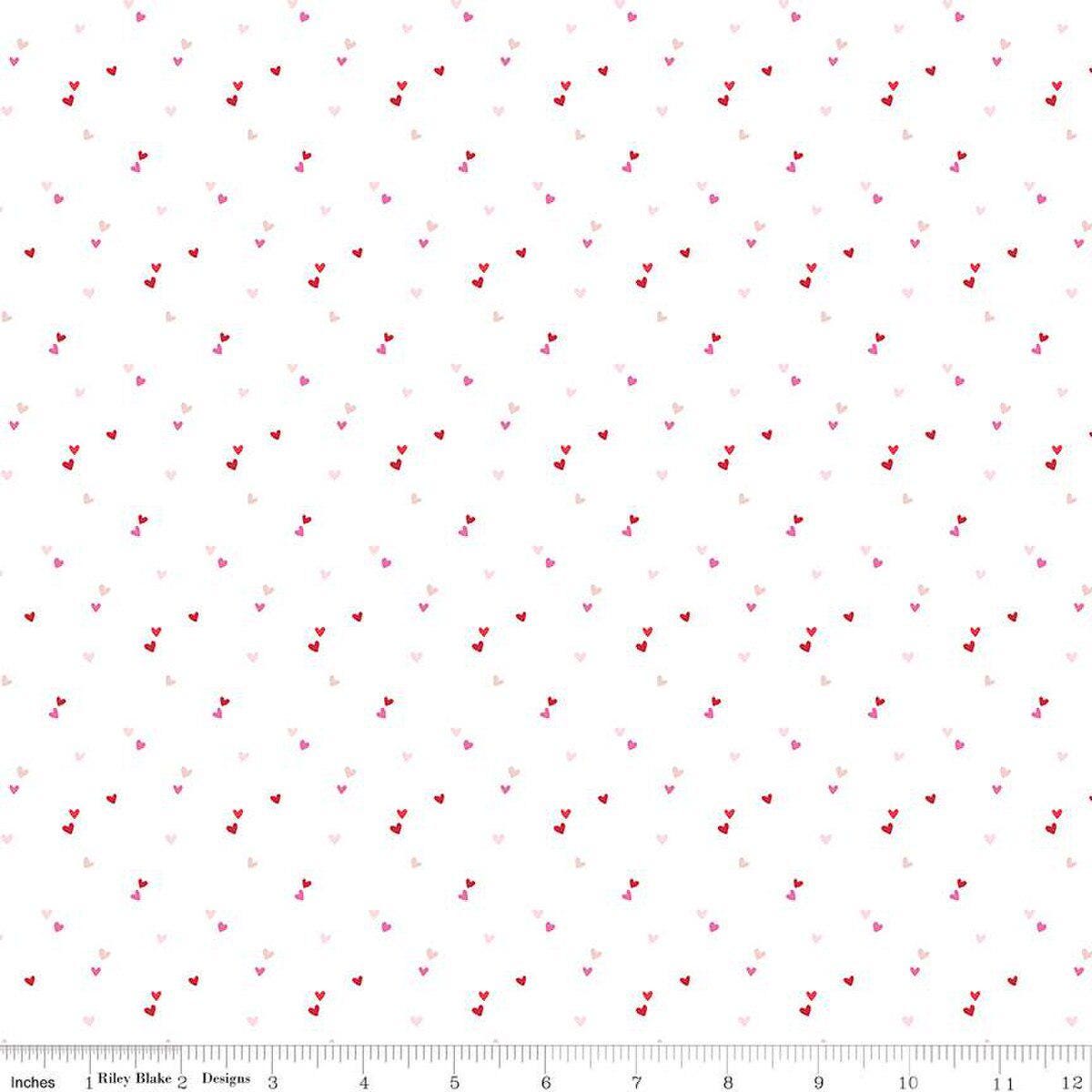 Seasonal Basics - Pink Polka Dot Hearts Fabric, Riley Blake C655-White, Valentine Blender Fabric, Cotton Quilt Apparel Fabric, By the Yard
