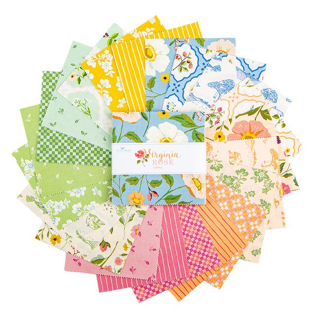Virginal Rose 5" Stacker, Riley Blake 5-17320-42, Precut 5" Pink Yellow Green Blue Peach Floral Quilt Fabric Squares, Katherine Lenius