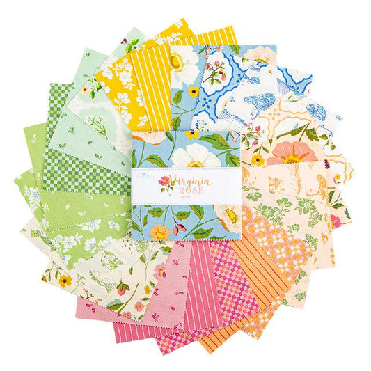 Virginal Rose 5" Stacker, Riley Blake 5-17320-42, Precut 5" Pink Yellow Green Blue Peach Floral Quilt Fabric Squares, Katherine Lenius