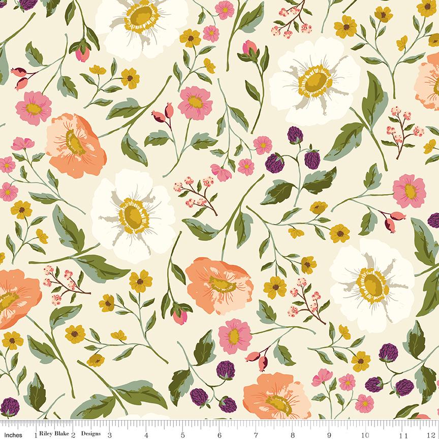 Virginal Rose 5" Stacker, Riley Blake 5-17320-42, Precut 5" Pink Yellow Green Blue Peach Floral Quilt Fabric Squares, Katherine Lenius
