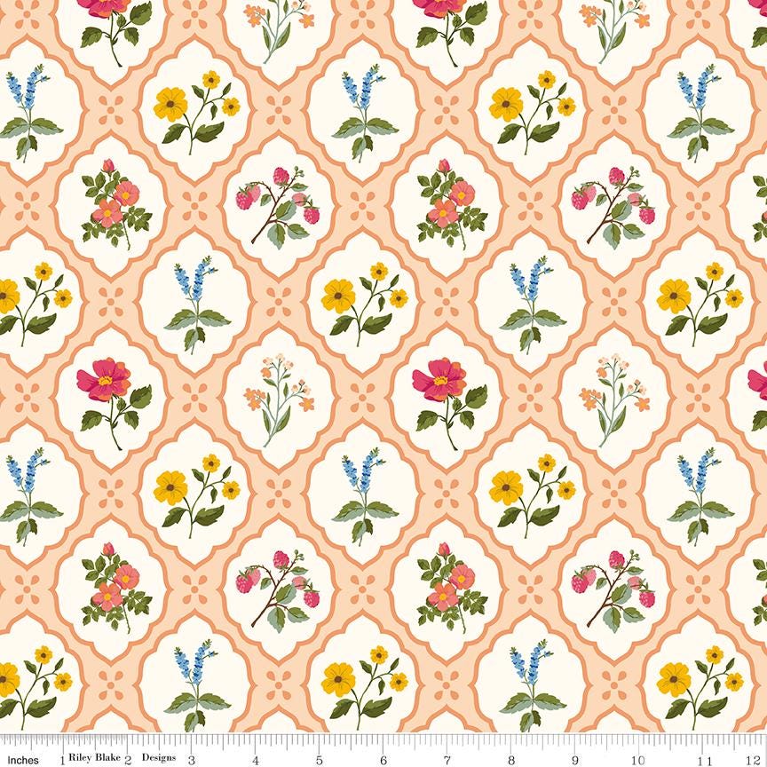 Virginal Rose 5" Stacker, Riley Blake 5-17320-42, Precut 5" Pink Yellow Green Blue Peach Floral Quilt Fabric Squares, Katherine Lenius