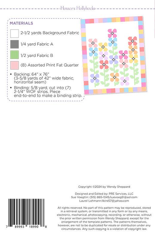 Horace's Hollyhocks Quilt Pattern, Wendy Sheppard WS85, Fat Quarter FQ Friendly Flower Lap Throw Quilt Pattern
