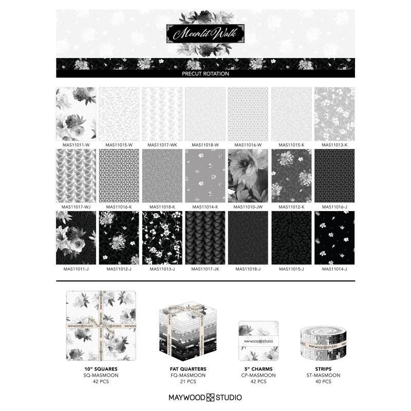 Moonlit Walk 10" Squares, Maywood Studio SQ-MASMOON, 10" Precut Black Gray White Floral Layer Cake Fabric Squares