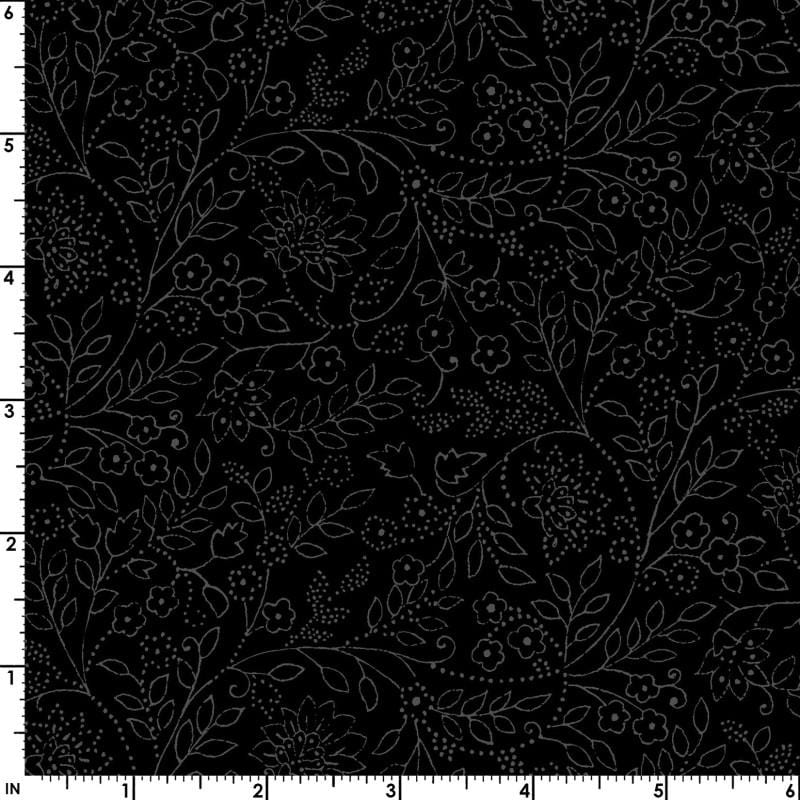 Solitaire - Jasmine Gray Floral Outlines on Black Fabric, Maywood Studio MAS327-J Jasmine, Black Tonal Blender Fabric, By the Yard