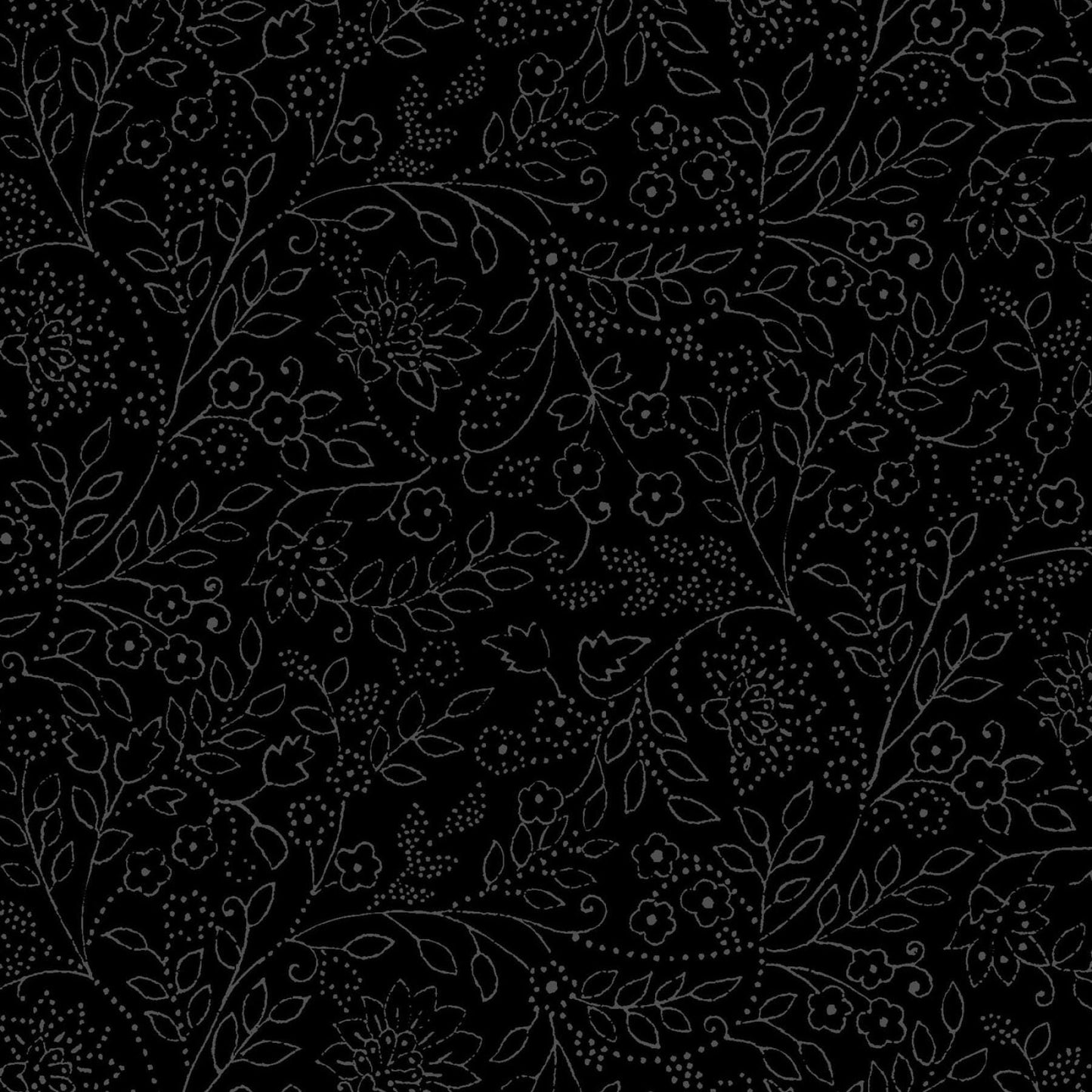 Solitaire - Jasmine Gray Floral Outlines on Black Fabric, Maywood Studio MAS327-J Jasmine, Black Tonal Blender Fabric, By the Yard