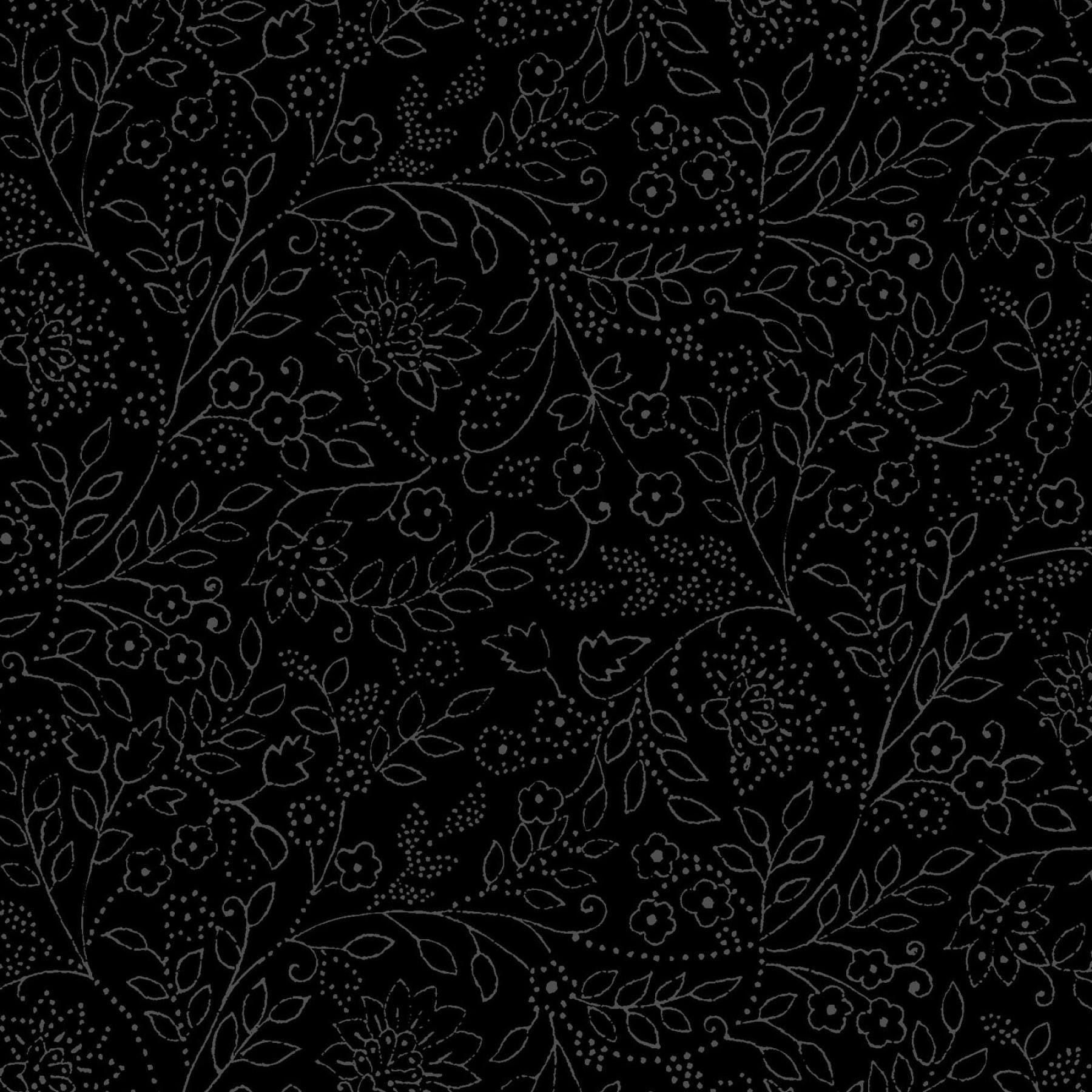Solitaire - Jasmine Gray Floral Outlines on Black Fabric, Maywood Studio MAS327-J Jasmine, Black Tonal Blender Fabric, By the Yard