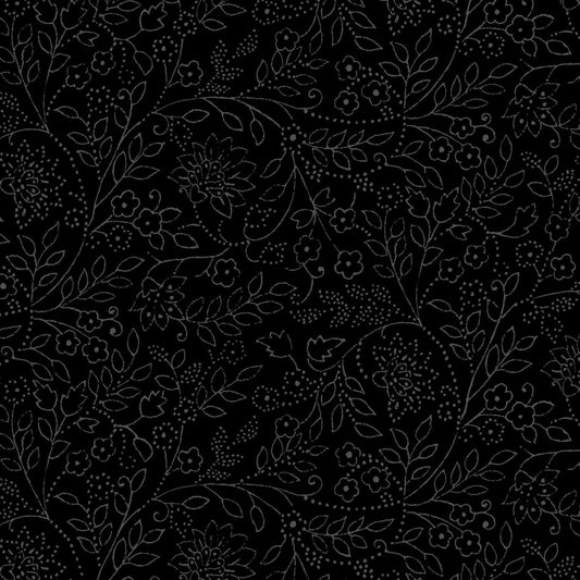 Solitaire - Jasmine Gray Floral Outlines on Black Fabric, Maywood Studio MAS327-J Jasmine, Black Tonal Blender Fabric, By the Yard