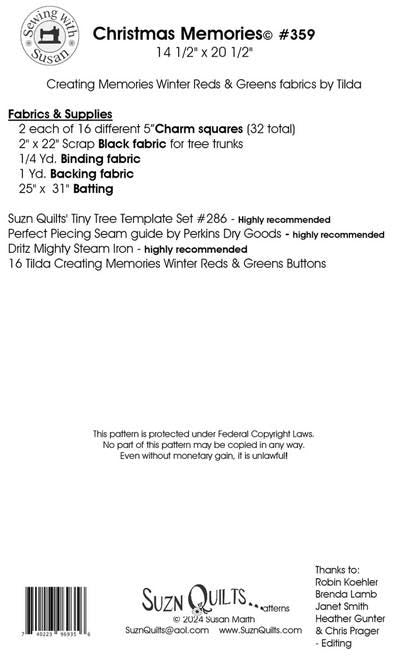 Christmas Memories Quilt Pattern, Suzn Quilts SUZ359, Charm Squares Scrap Friendly Christmas Xmas Pine Trees Wall Quilt Pattern