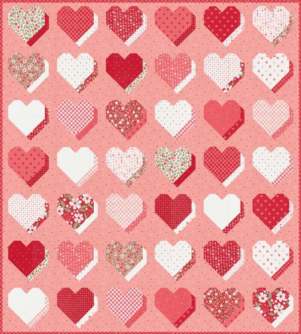 Beloved Quilt Pattern, Lella Boutique LB239, Fat Quarter FQ Friendly 3D Valentine Hearts Throw Quilt Pattern