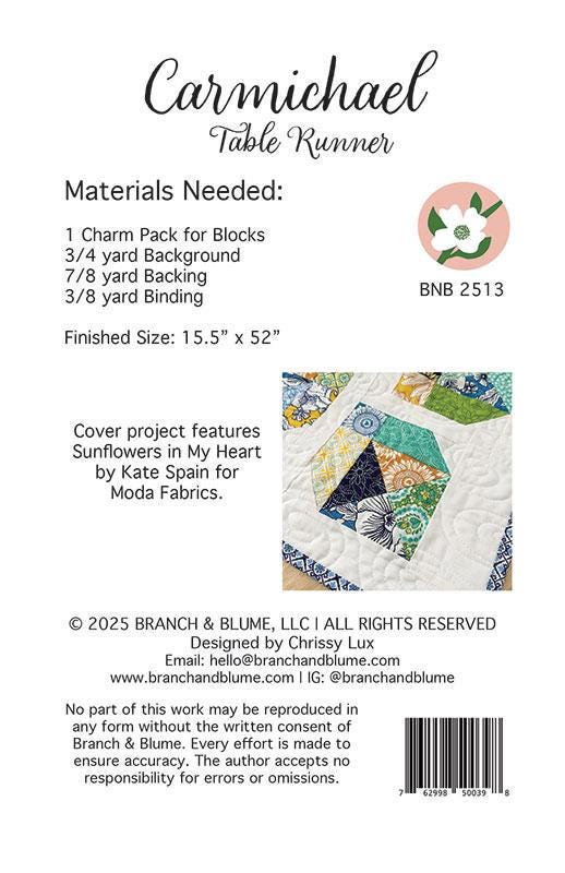 Carmichael Table Runner Quilt Pattern, Branch and Blume BNB2513, Precut 5" Charm Friendly Table Runner Quilt Pattern, Chrissy Lux