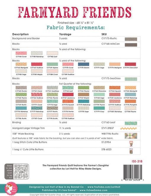 Farmyard Friends Quilt Pattern, It's Sew Emma - Bee in My Bonnet ISE-318, Yardage Friendly Cow Pig Sheep Rooster Stack Quilt Pattern, Holt