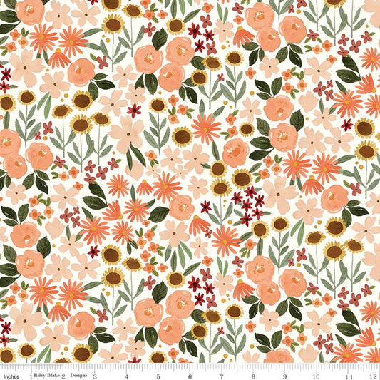Happy Fall Days- Autumn Ditsy Floral on White Fabric, Riley Blake C16341-Cloud, Multicolored Packed Floral Sunflowers Cotton Fabric, Carlson