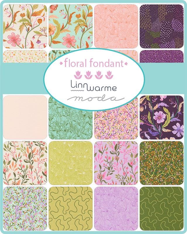 Floral Fondant 5" Charm Pack, Moda 14130PP, 5" Precut Purple Yellow Mint Floral Charm Pack Fabric Squares, Linn Warme