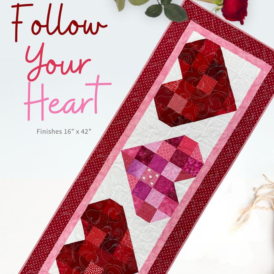 Follow Your Heart Table Runner Quilt Pattern, My Bestie Quilt Co MBQC117, Charm Squares Scraps Friendly Patchwork Hearts Table Quilt Pattern