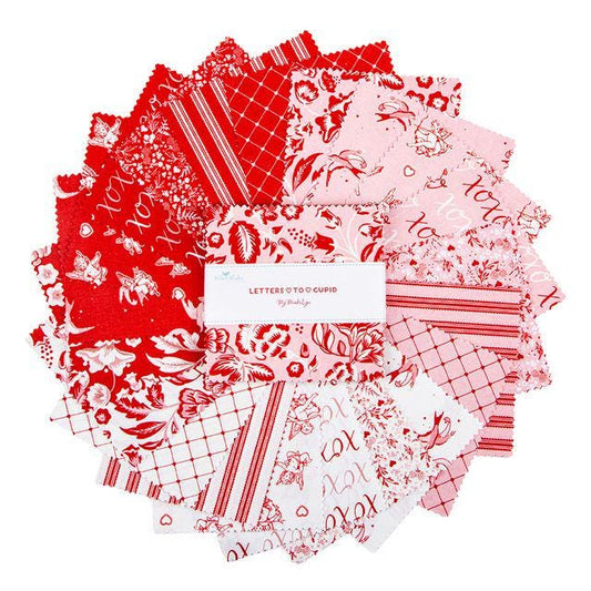 Letters to Cupid 5" Stacker, Riley Blake 5-16980-42, 5" Precut Pink Red Cream Valentines Day Floral Fabric Squares, My Mind's Eye