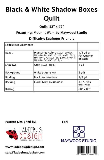 Black and White Shadow Boxes Quilt Pattern, Ladeebug Design LBPTNM0150, Yardage Fat Quarter FQ Friendly Modern Lap Throw Quilt Pattern