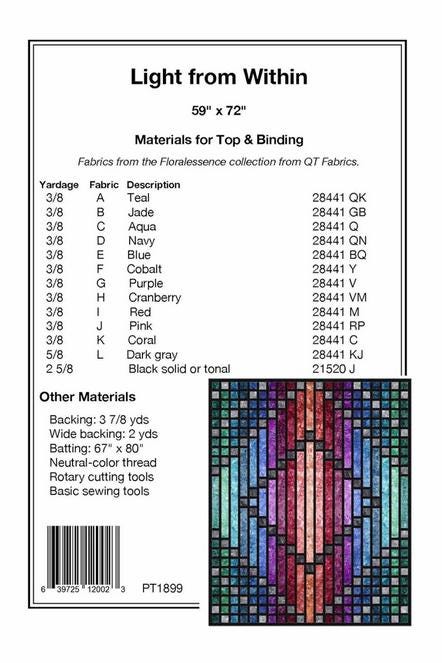 Light from Within Quilt Pattern, Pine Tree Country Quilts PT1899, Yardage Friendly Ombre Striped Throw Quilt Pattern, Strip Quilt Pattern