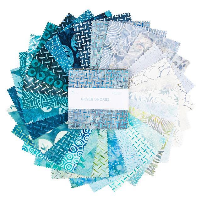 Expressions Batiks Silver Shores 5" Stacker, Riley Blake 5-23553-42, 5" Precut Teal Aqua Gray White Batik Fabric Squares