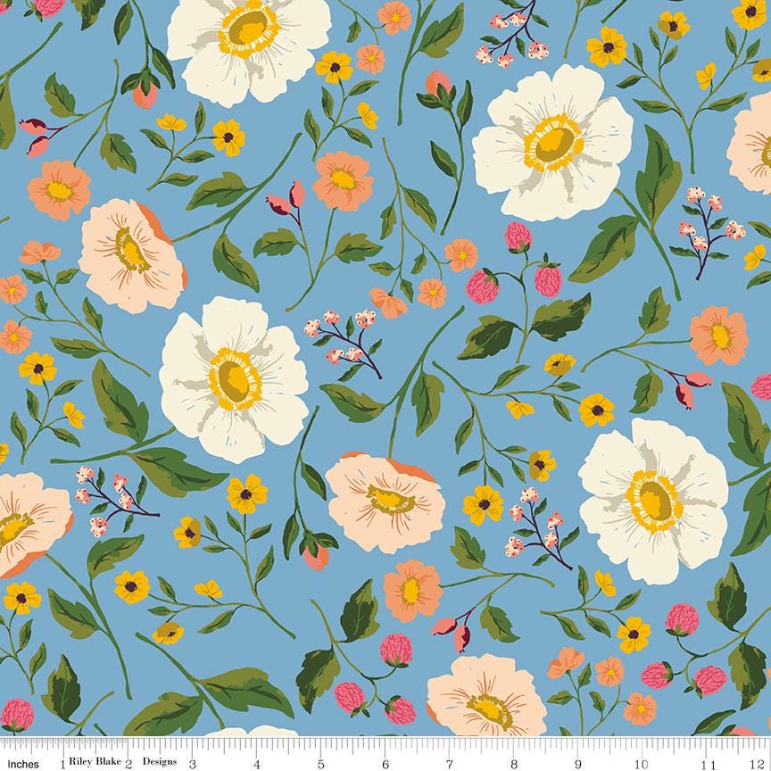 Virginal Rose 2.5" Rolie Polie, Riley Blake RP-17320-40, Precut 2.5" Pink Yellow Green Blue Peach Floral Quilt Fabric Strip Roll, Lenius
