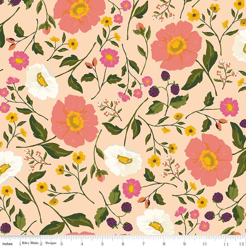 Virginal Rose 5" Stacker, Riley Blake 5-17320-42, Precut 5" Pink Yellow Green Blue Peach Floral Quilt Fabric Squares, Katherine Lenius
