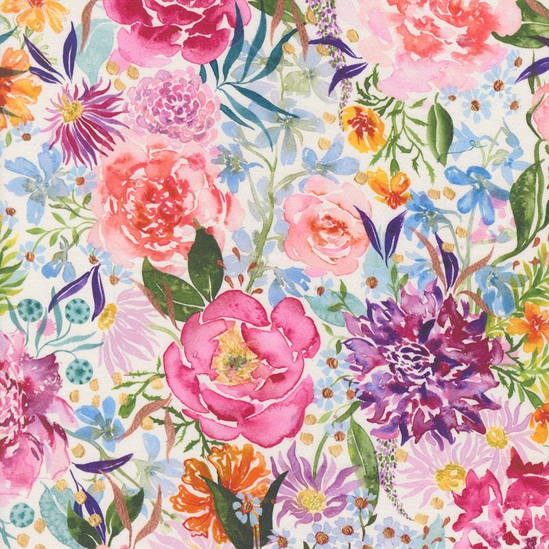 108" Soulstice - Rainbow Watercolor Flowers Wide Quilt Back Fabric, Moda 108039 11 Cloud, Cotton Sateen Quilt Backing Fabric, By the Yard