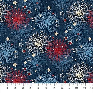 American Heartland - Patriotic Fireworks on Navy Fabric, Northcott 28732-49 Navy Multi, QOV FOH Cotton Quilt Fabric, By the Yard