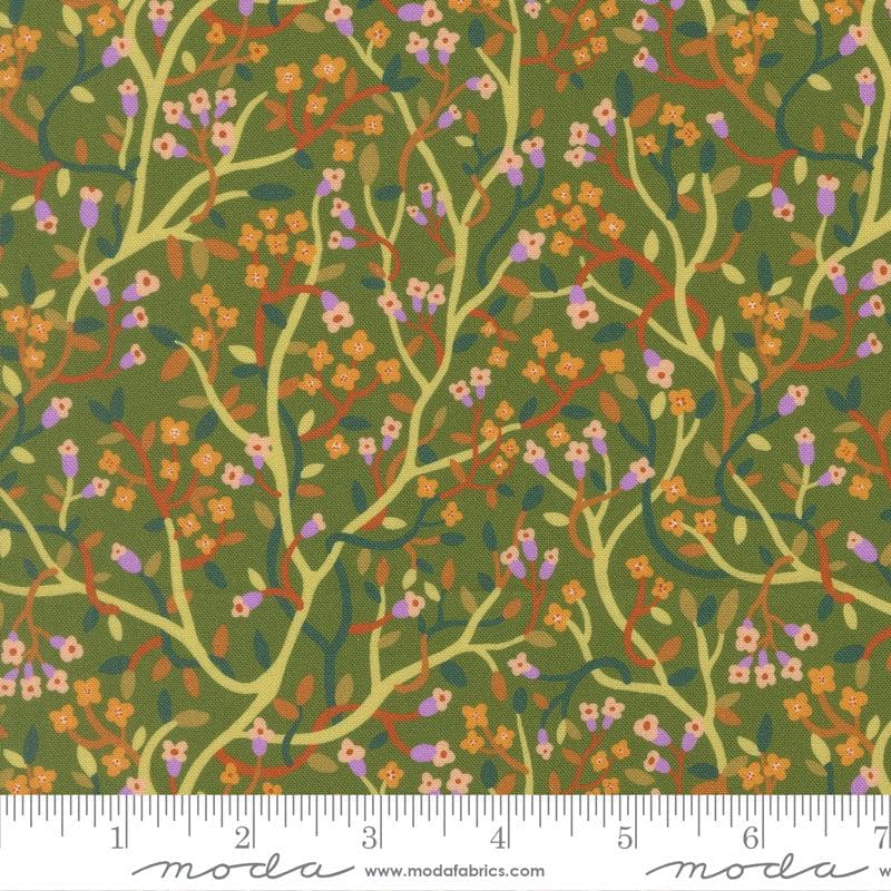 Floral Fondant - Peach Lavender Floral Vines on Green Fabric, Moda 14133 18 Leaf, Peach Lavender Green Fabric, Linn Warme, By the Yard